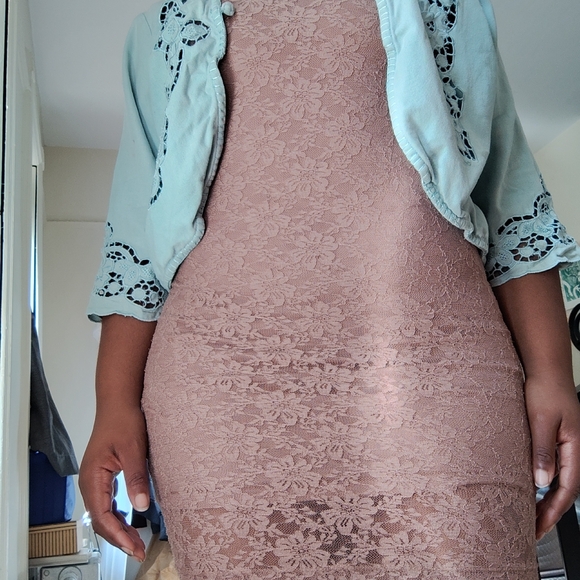 Strapless Tan Lace Overlay Mini Dress Size Small - Picture 7 of 16